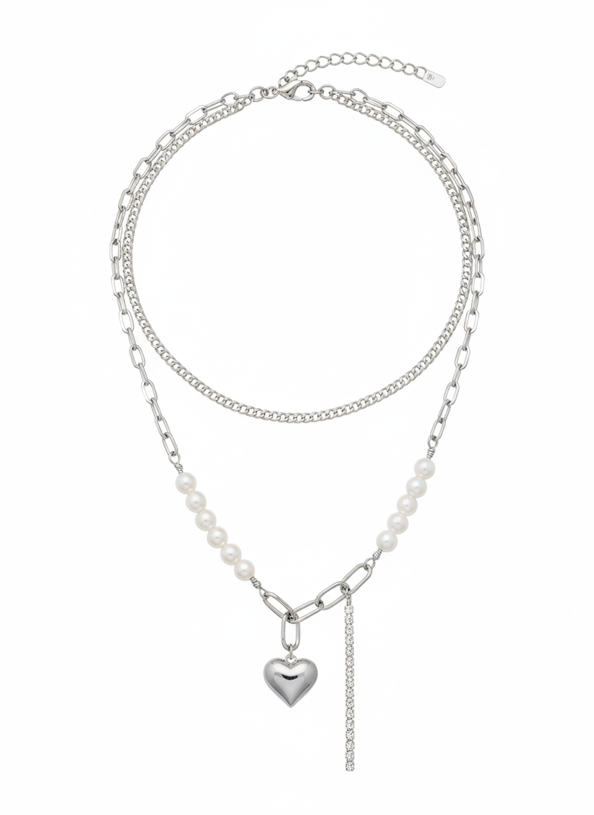 Sweetheart Pearl Charm Necklace - silver