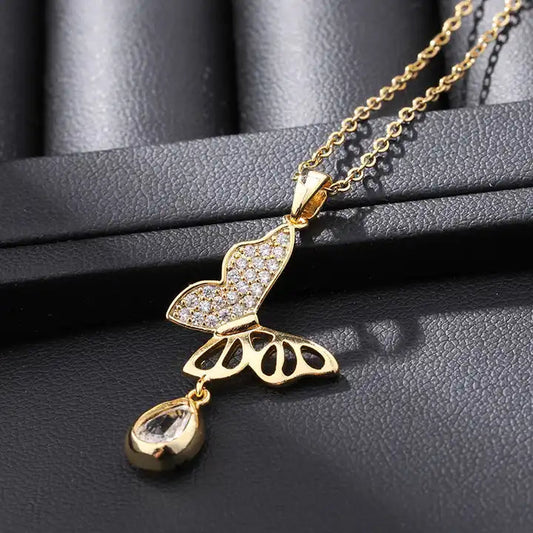 Zircon Water Drop Butterfly Necklace