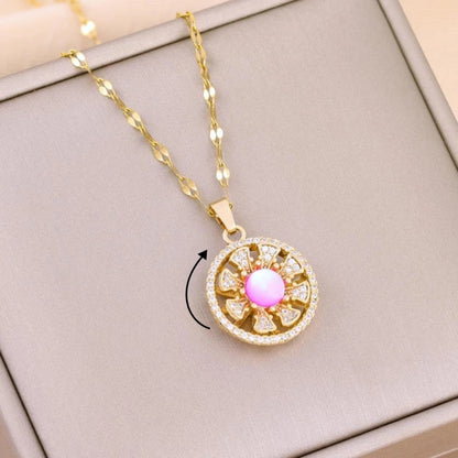 Pink Rotating flower Necklace (Anti Tarnish)