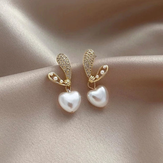 Heart Shape Imitation Pearl Crystal Pendant Earring