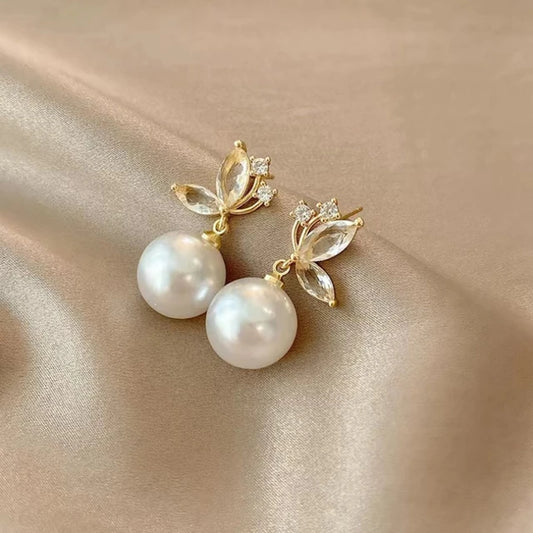 Cz Leafy Pearl Drop Earrings