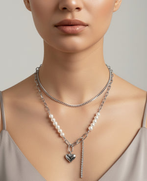 Sweetheart Pearl Charm Necklace - silver