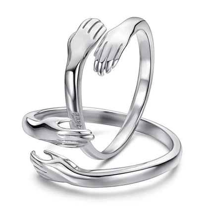 Silver Hug Ring for Women & Girls - Hugging Hand Open Statement Ring (Pack Of 2)