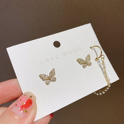 Zircon Butterfly Pearl Chain Tassel Earcuffs