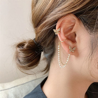 Zircon Butterfly Pearl Chain Tassel Earcuffs