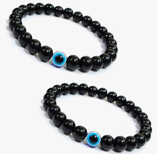 Black Beads Bracelet With Evil Eye (Pack Of 2)