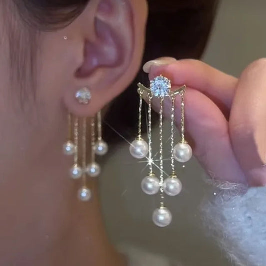 Crystal And Drop Pearl Decor Tassel Korean Earrings